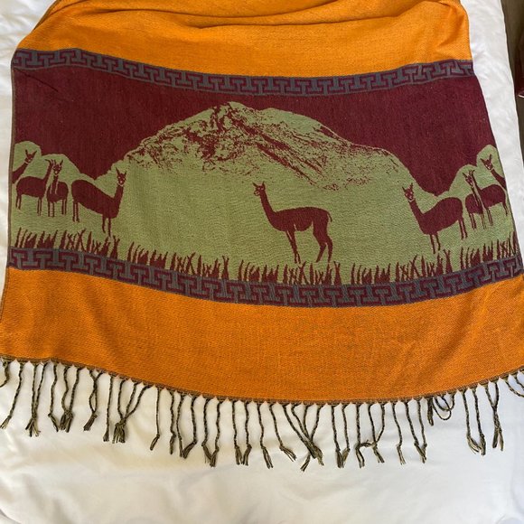 Orange Multicolored Scarf with Tassels and Embroidered Alpaca and Mountains - Picture 2 of 3